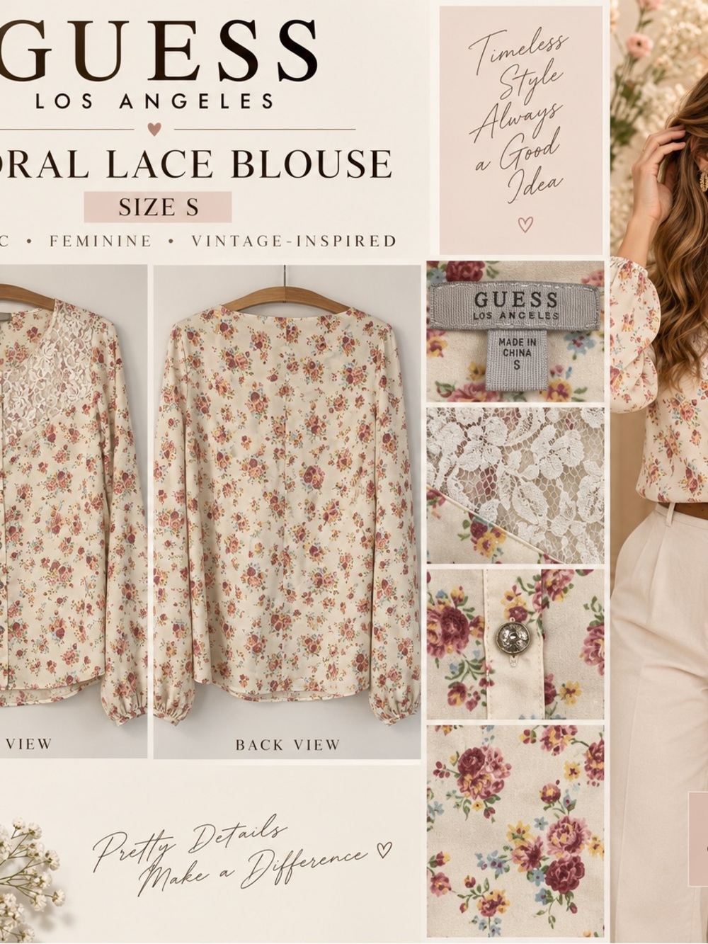 GUESS Floral Lace Blouse in Cream with Pink Rose Print